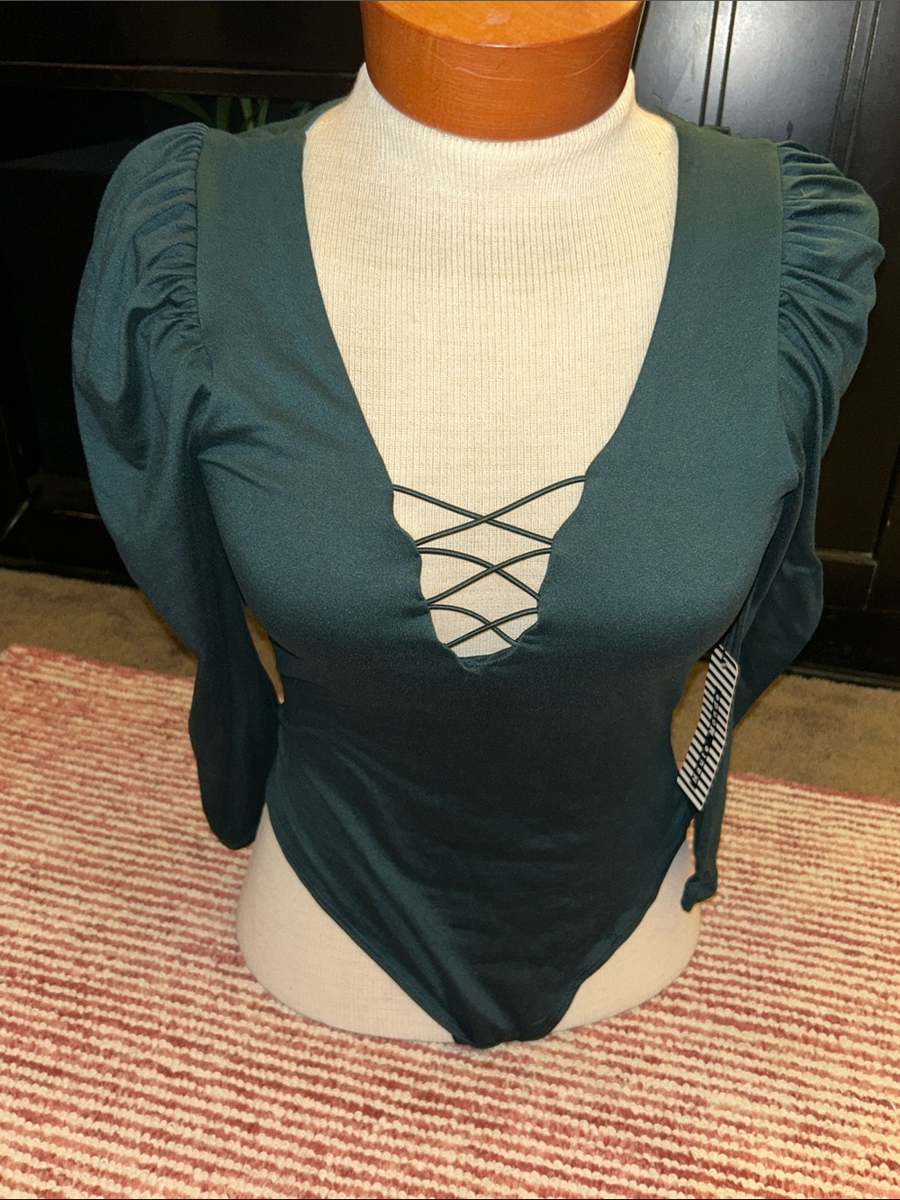 Haute Monde Teal Lace-Up Puff Sleeve Bodysuit